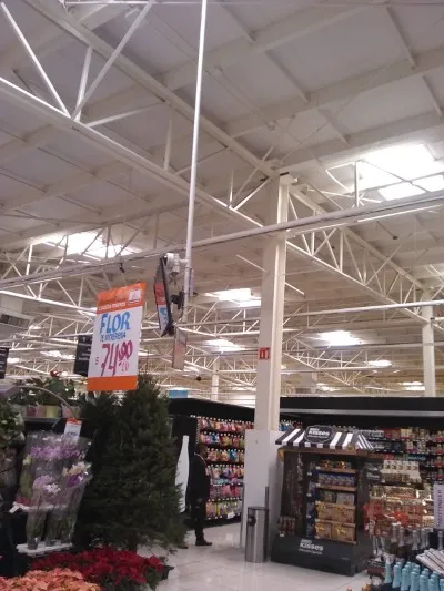 Interior de tienda con estructura metálica blanca, mostrando la luz natural intensa filtrada por domos de policarbonato en el techo.